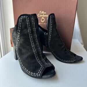 Calleen Cordero (7.5) Black Suede Handmade Leather Embellished OpenToe Boot Heel